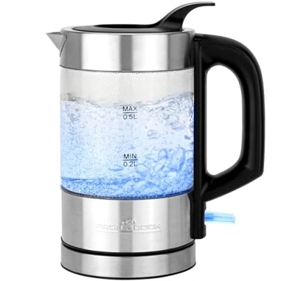 Afbeelding van ProfiCook waterkoker roestvrij staal verlicht, 0,5 liter mini met blauw licht, thee reis klein/waterkoker klein ideaal voor reizen babyvoeding camping filter koffie