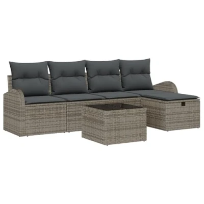 Afbeelding van vidaXL 6 Delige Tuin Sofa Set met Kussens Grijs Poly Rattan, 2 Zits Opbergruimte &amp; Rattan