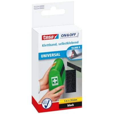 Afbeelding van tesa On &amp; Off Klittenband Universal Plakbare klittenbandtape Dubbelzijdig om lichte voorwerpen te bevestigen, zonder boren Zwart Rol van 2 cm x 100