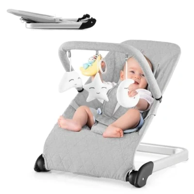 Afbeelding van COSTWAY 2 in 1 babywip, inklapbaar, draagbare babyschommel met afneembare speelboog, babywip 5 punts veiligheidsgordel, babywieg voor baby&#039;s tot 6 maanden, grijs