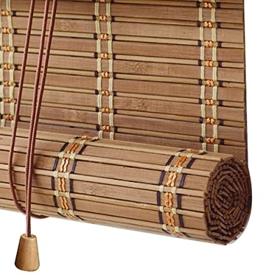 Afbeelding van Retro rolgordijn van bamboe, ondoorzichtig, 60% verduistering, vouwgordijn, jaloezieën, natuurlijk hout, zonwering en inkijkbescherming, met zijkoord, voor ramen deuren, aanpasbaar, 135 x 200 cm