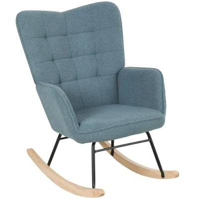 Afbeelding van HOMCOM Schommelstoel, schommelstoel met berbervlieslook, armleuning, gestoffeerde stoel houten onderstellen, relaxstoel voor woonkamer, slaapkamer, belastbaar tot 120 kg, lichtblauw