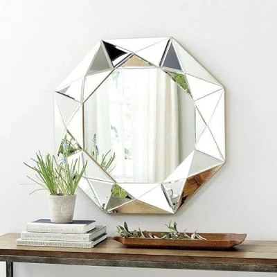 Afbeelding van Garden Mile® Grote Afgeschuinde Zilveren Wandspiegel Wandmontage Woondecoratie Woonaccessoires Decoratieve Moderne Sunburst Juweel Hal Slaapkamer Badkamer Circulaire Spiegels Facet Ronde Spiegel