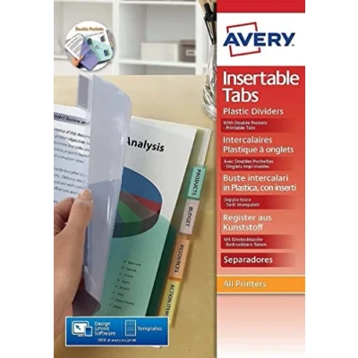 Afbeelding van AVERY Individuele en bedrukbare tabbladen met 8 toetsen, DIN A4+ (voor het sorteren van geperforeerde hoezen), doorschijnend gekleurd polypropyleen