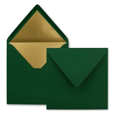 Afbeelding van FarbenFroh by Gustav Neuser 25 x enveloppen, vierkant, 15,5 cm, donkergroen, gevoerd met goudkleurig papier, natte plakrand