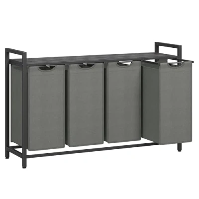 Afbeelding van VASAGLE wasmand 4 vakken, met plank, wasbox, waszak van uittrekbaar verwijderbare Oxford stof, metalen frame, x 40 L, 116 33 72 cm, zwartgrijs BLH401G01