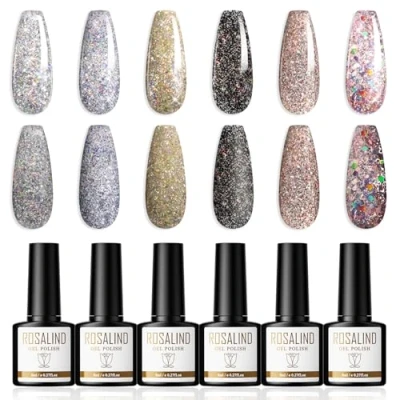 Afbeelding van ROSALIND Gel Nagellak 6 Kleuren Shellac Set Glitter Serie Gellak Zilverachtig Blauw Goud Zwart Roze Soak Off UV/LED Nail Polish Art Manicure 8ml