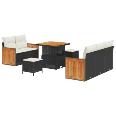 Afbeelding van vidaXL 8 delige Tuin Sofa Set met Kussens Zwart Poly Rattan Acacia, 3 Eetset Acacia