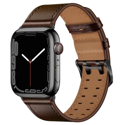 Afbeelding van Apple Watch Leren band met twin gesp Donkerbruin zwarte Geschikt voor 38mm / 40mm 41mm 42mm