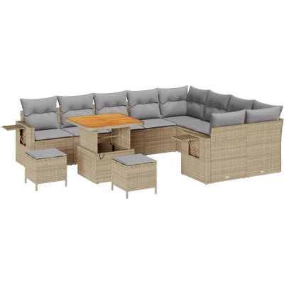 Afbeelding van vidaXL 12 Delige Tuin Sofa Set met Kussens Beige Poly Riet Acacia, 3 Eet Acacia