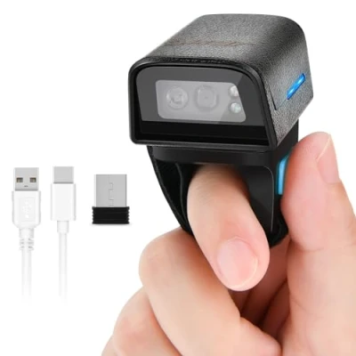 Afbeelding van JRHC 1D 2D Bluetooth draagbare ring barcodescanner, mini barcode barcodelezer met 2,4 GHz draadloze en USB kabelverbinding