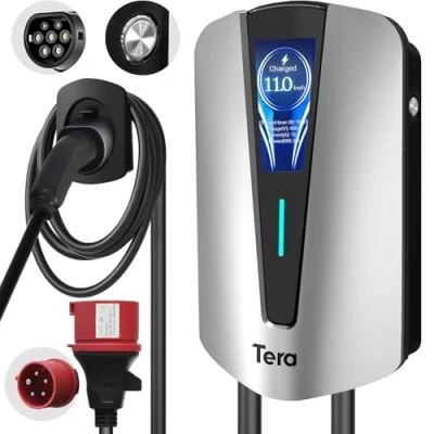 Afbeelding van Tera EV Oplader Type 2 Wallbox: Oplaadstation Elektrisch Voertuig 11kW Driefasig, 16A 400V met Controleerbaar Digitaal Display, 7 Meter Oplaadkabel, Wandhouder voor EVs PHEVs