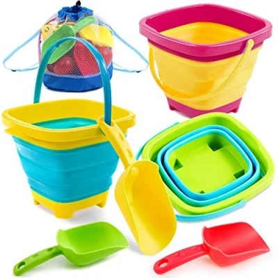 Afbeelding van 3 stuks opvouwbare emmers met schepjes, zandbak, ruimte, zomer, feest, emmer, siliconen, children, strand, speelgoed, irritant, 0.53 liter