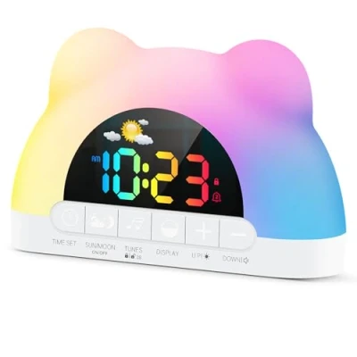 Afbeelding van Kinderwekker, Peuter Slaap Training Digitale Wekker met Zon &amp; Maan, 11 RGB Kleur Nachtverlichting Klok, OK om Wake Klok voor Meisjes Jongens Tieners, Slaapherinnering, Kinderslot, Dubbele Alarmen,