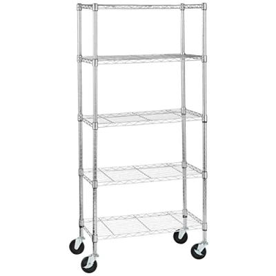 Afbeelding van Amazon Basics Medium opbergeenheid, 5 planken,op 10 cm wielen, planken in hoogte verstelbaar en stelvoetjes, draagkracht maximaal 680 kg, chroom, 35,6 x 76,2 164,5 (d b h)