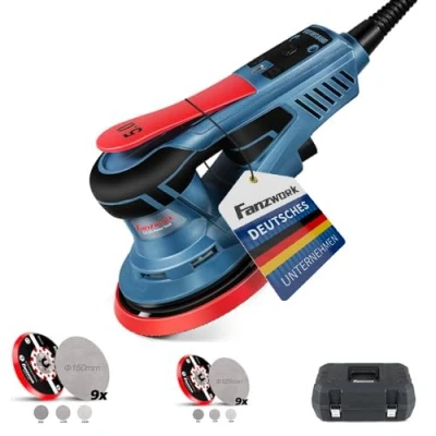 Afbeelding van FANZWORK HG0024 Excentrische schuurmachine, met 5 mm schuurslag, 125 mm/150 schuurschijf, 350 W borstelloze motor, 7 traps toerentalregeling tot 10.000 omw/min, schijfrem, 18 x schuurpapier, koffer