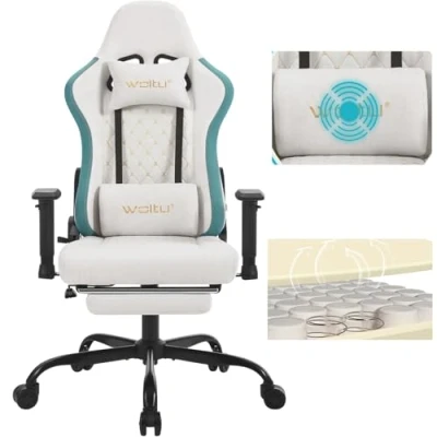 Afbeelding van WOLTU Massage GS09bws Gamingstoel, ergonomisch, racing gamerstoel, computerstoel, 150 kg, draaistoel met wielen, hoofdsteun, voetensteun, lendenkussen, technische stof, blauw + wit