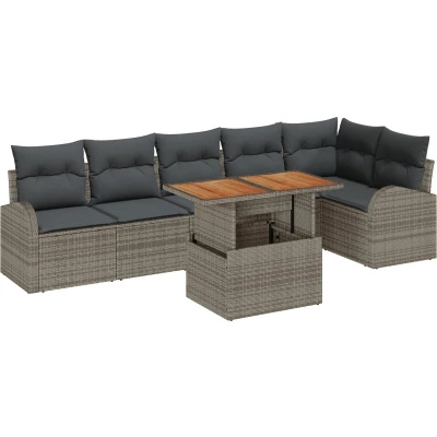 Afbeelding van vidaXL 7 delige Tuin Sofa Set met Kussens Grijs Poly Rattan, 2 zits Opbergruimte en Rattan