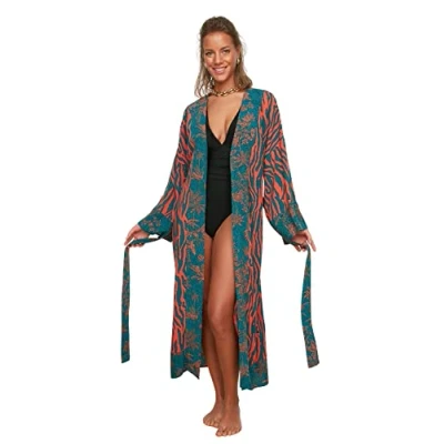 Afbeelding van Trendyol Vrouwen Standaard mouw Basis Maxi geweven kimono en kaftan met dierenpatroon riem TBESS21KM0171