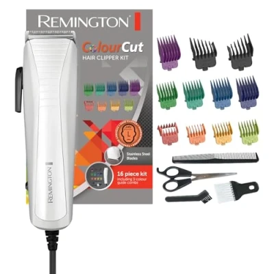 Afbeelding van Remington ColourCut draadloze tondeuseset, nekstofdoek, 9 kleurgecodeerde kammen (1,5 25 mm), schaar en kam, conische hendel (lengte 0,5 2 roestvrij staal, zelfslijpende mesjes, met snoer, HC5035