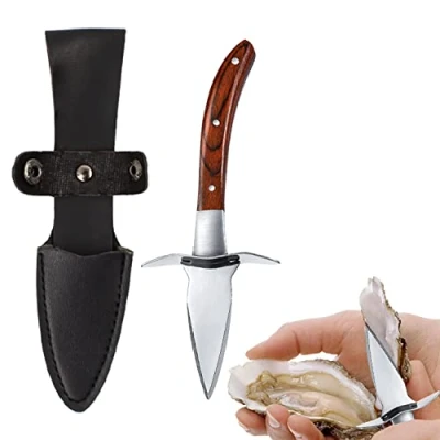 Afbeelding van KINHARD Oestermes, oesteropener met handbescherming, houten handvat, roestvrij staal, oestershucker, voor schelpen, zeevruchten, gereedschap