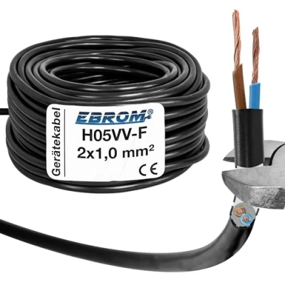 Afbeelding van EBROM Kunststof slangleiding Rond, kabel, stroomkabel, apparaatkabel H05VV F 2x1,0 mm² kleur: zwart vele lengtes in stappen van 5 meter tot 200 2x1 mm2, uw kabellengte: 10