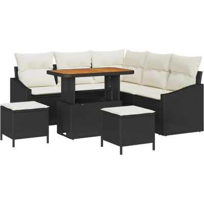 Afbeelding van vidaXL 8 delige tuinbankset met kussens zwart poly rattan acacia, 2 zits tuinbank rattan, 3 tuin dining set acacia