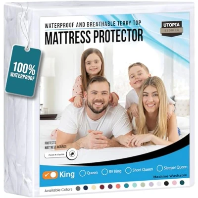 Afbeelding van Utopia Bedding Waterproof Mattress Protector King Size, Premium Terry Cover 200 GSM, Breathable, Fitted Style with Stretchable Pockets (White)