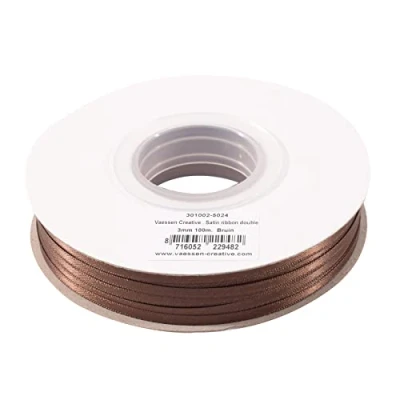 Afbeelding van Vaessen Creative satijnen lint, bruin, 3 mm x 100 m dubbel decoratief cadeaulint, stoffen lint voor bruiloft, doop en verjaardagscadeaus