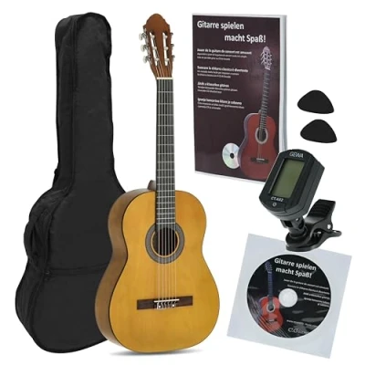 Afbeelding van Navarrez NV11PK klassieke gitaar starterset 4/4 bruin incl. Gig Bag, plectrums, leerboek en cd, clip tuner