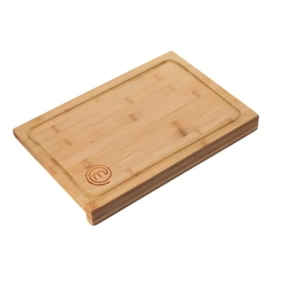 Afbeelding van MasterChef Houten snijplank, bamboe keukenplank, voor vlees, ham, brood, kaas, met sapgroef en rand, natuurlijk, duurzaam, 38,5 L x 26,5 B 2 H