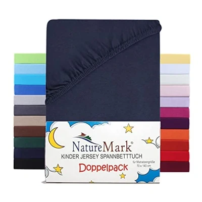 Afbeelding van NatureMark Set van 2 hoeslakens voor kinderen, jersey, 100% katoen, babybed en kinderbed, 70 x 140 cm, marineblauw