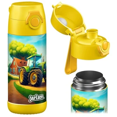 Afbeelding van JARLSON® Mali Drinkfles voor kinderen, roestvrij staal, BPA vrij, lekvrij, kinderfles met Chug deksel, fles school, kleuterschool, tractor, 350 ml