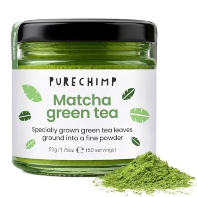 Afbeelding van PureChimp Matcha theepoeder, 50 g, ceremoniële kwaliteit uit Japan, vrij van pesticiden, recyclebare glazen pot en aluminium deksel