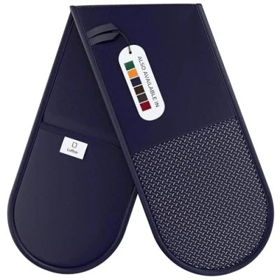 Afbeelding van Laffair Hittebestendige ovenhandschoenen blauw antislip siliconen grip dubbele ovenhandschoen, hittebestendig moderne ovenhandschoen en pannenlap voor thuis koken maximale hittebescherming