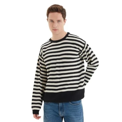 Afbeelding van Trendyol Stone Casual Oversize Fit Wide Pattern Crew Neck Gestreepte Breiwerk Trui Tmnaw22Kz1291