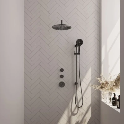 Afbeelding van Brauer Gunmetal Carving Regendouchesets inbouw hoofddouche 30cm Wandarm glijstang met inbouwdeel knoppen handdouche Rond 1 stand