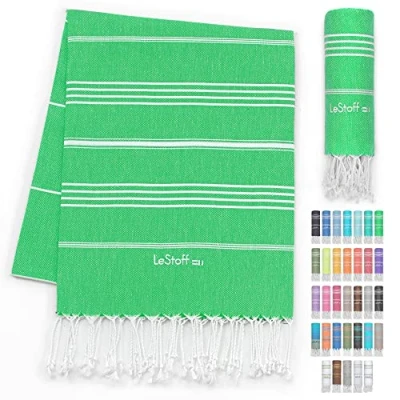 Afbeelding van LeStoff de traditionele Hamamdoek Strandlaken Badhanddoek Saunahanddoek Douchehanddoek Spa Sport Yoga Reizen 100% Biologisch Katoen. Duurzaam, natuurlijk, zacht en voorgewassen. (95 x 180 cm, Grass)