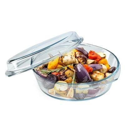 Afbeelding van KADAX Ovenschaal van hittebestendig glas, vuurvast glazen braadpan met deksel en handgrepen, servies om te braden, oven, elektrisch fornuis, voor lasagne, vlees, transparant (rond, 2,8 liter)