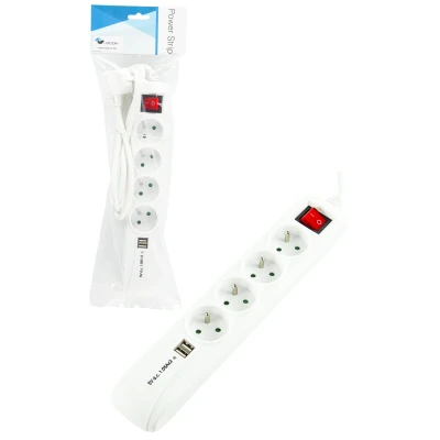 Afbeelding van LOGON 4 WAY+2 USB POWER STRIP: WHITE ON/OFF SWITCH 1.5M