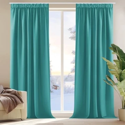 Afbeelding van Deconovo Verduisteringsgordijnen Plooiband, Kant en Klaar, Gordijn Warmte isolerend voor Slaapkamer, Woonkamer, 140x260 cm (B x H), Turquoise, 2 stuks