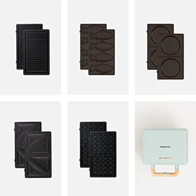 Afbeelding van CREATE/STONE 3 IN 1 + 5 PLATEN/Tosti ijzer, grill en wafels maker Pastel blauw/Met verwisselbare platen Taiyaki Plaat Pannenkoek