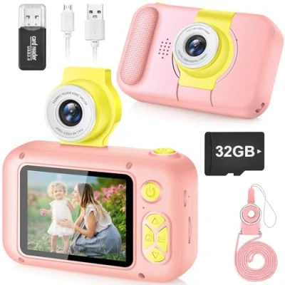 Afbeelding van Kids camera, ARNSSIEN Digitale camera&#039;s voor kinderen, 2,4 inch IPS scherm, camera met 180 lens studenten, cadeau meisje jongen 3,4,5,6,7,8,9,10 jaar oud, kerst/verjaardagscadeau