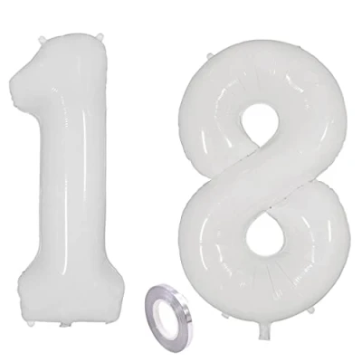 Afbeelding van verjaardagsdecoratie witte ballonnen cijfer 18e verjaardag decoratie meisjes jongens, cijfers ballon decoratie, 101 cm heliumballon 18 jaar meisje jongen
