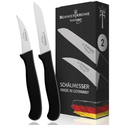 Afbeelding van Schwertkrone Solingen 2 delige messenset recht gebogen / groentemes scherp keukenmes schilmes universeel mes Duitsland roestvrij 3 handafvoer dun geslepen vaatwasmachinebestendig (2,3 inch 2,5 gebogen)
