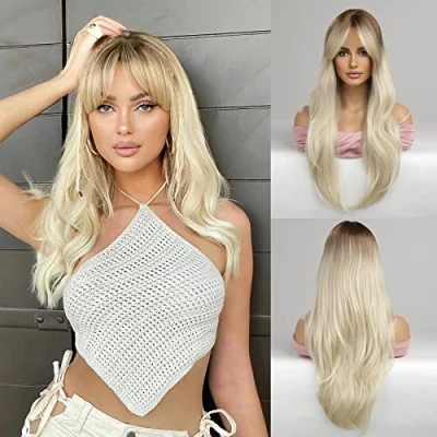 Afbeelding van Honygebia Lichtblonde Pruik met Pony Ombre Platinum Blonde Pruiken voor Blanke Vrouwen, Lange Rechte Golvende Synthetische Hittebestendige Haar, Natuurlijke Schattige Halloween/Kerst