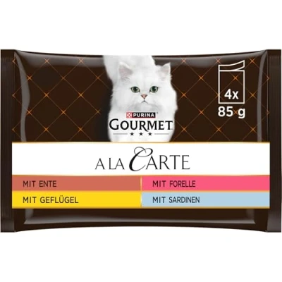 Afbeelding van Gourmet A la Carte Kattenvoer, Natvoer met Eend, Gevogelte, Forel en Sardine in Saus 4x85g doos van 12 (48 maaltijdzakjes; 4,08kg)