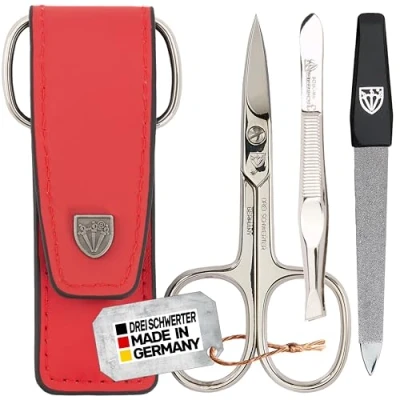 Afbeelding van DREI SCHWERTER 3 delige nagelverzorgingsset &#039;Venezia&#039; Hoogwaardige manicure pedicure set IN echt leer nageletui, kleur rood. MADE GERMANY Inhoud: nagelschaar, pincet, saffier nagelvijl