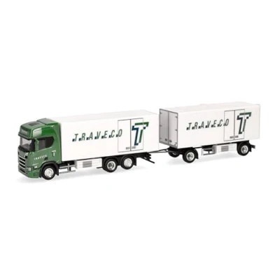 Afbeelding van Herpa Truck Model Scania CR20 HD Koelbox Trailer &quot;Traveco&quot; (Zwitserland/Sursee), miniatuur in schaal 1:87, collector&#039;s item, Made Germany, kunststof