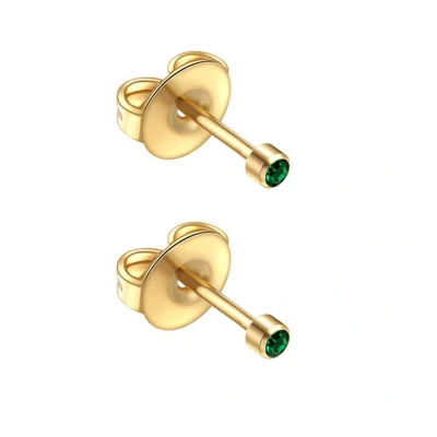 Afbeelding van Caflon 2mm 24K gold plated oorknopjes voor oorschieter hypoallergeen steriel verpakt goudkleurig met smaragdgroen steentje geboortesteen mei